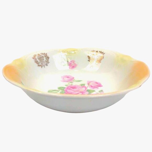 Antique Germany Large 8.5" Porcelain Serving Bowl Scalloped Edge Rose Floral - Picture 2 of 7